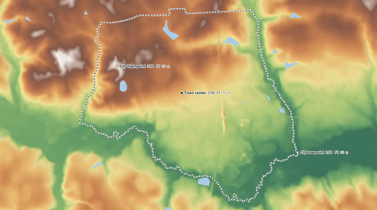Topographic elevation map of Wadley, Georgia, shaded from 200 ft on the southeast side to 300 ft on the west side
