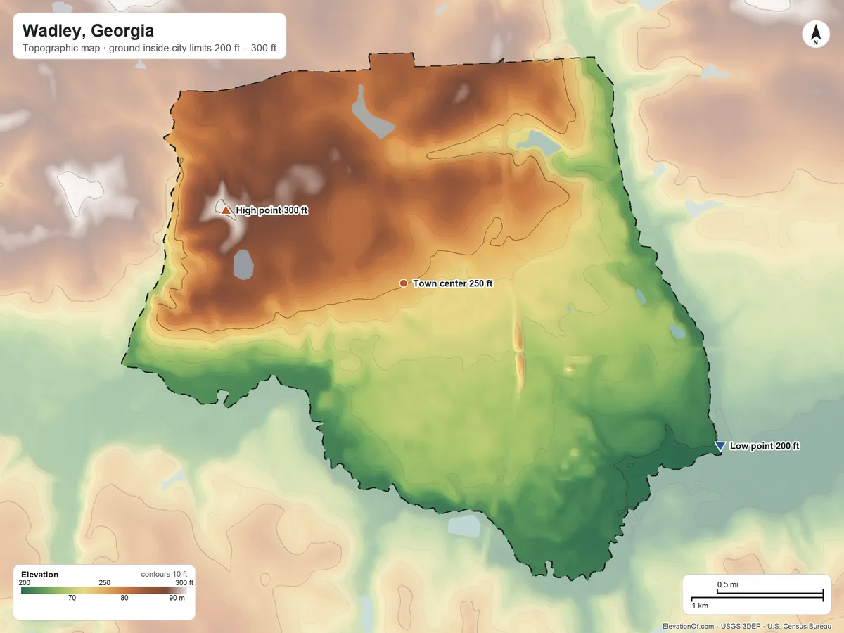 Topographic elevation map of Wadley, Georgia, shaded from 200 ft on the southeast side to 300 ft on the west side
