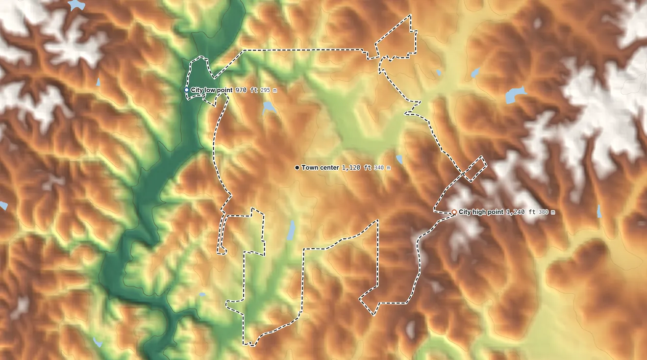 Topographic elevation map of Waleska, Georgia, shaded from 970 ft on the northwest side to 1,240 ft on the east side
