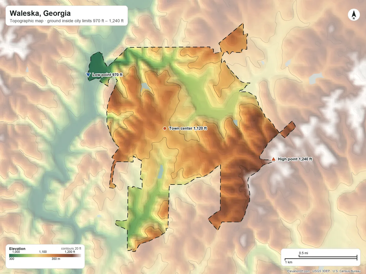 Topographic elevation map of Waleska, Georgia, shaded from 970 ft on the northwest side to 1,240 ft on the east side