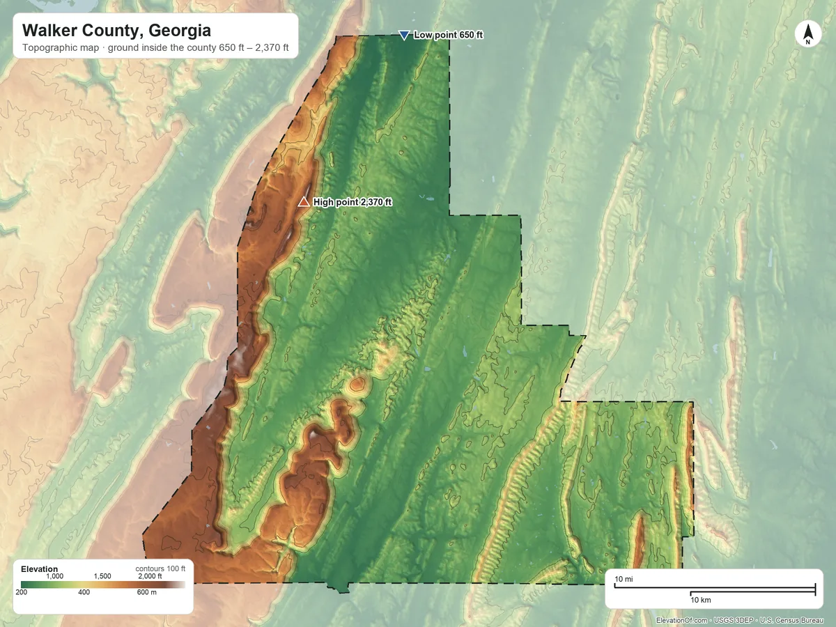 Topographic elevation map of Walker County, Georgia, shaded from 650 ft on the north side to 2,370 ft on the northwest side