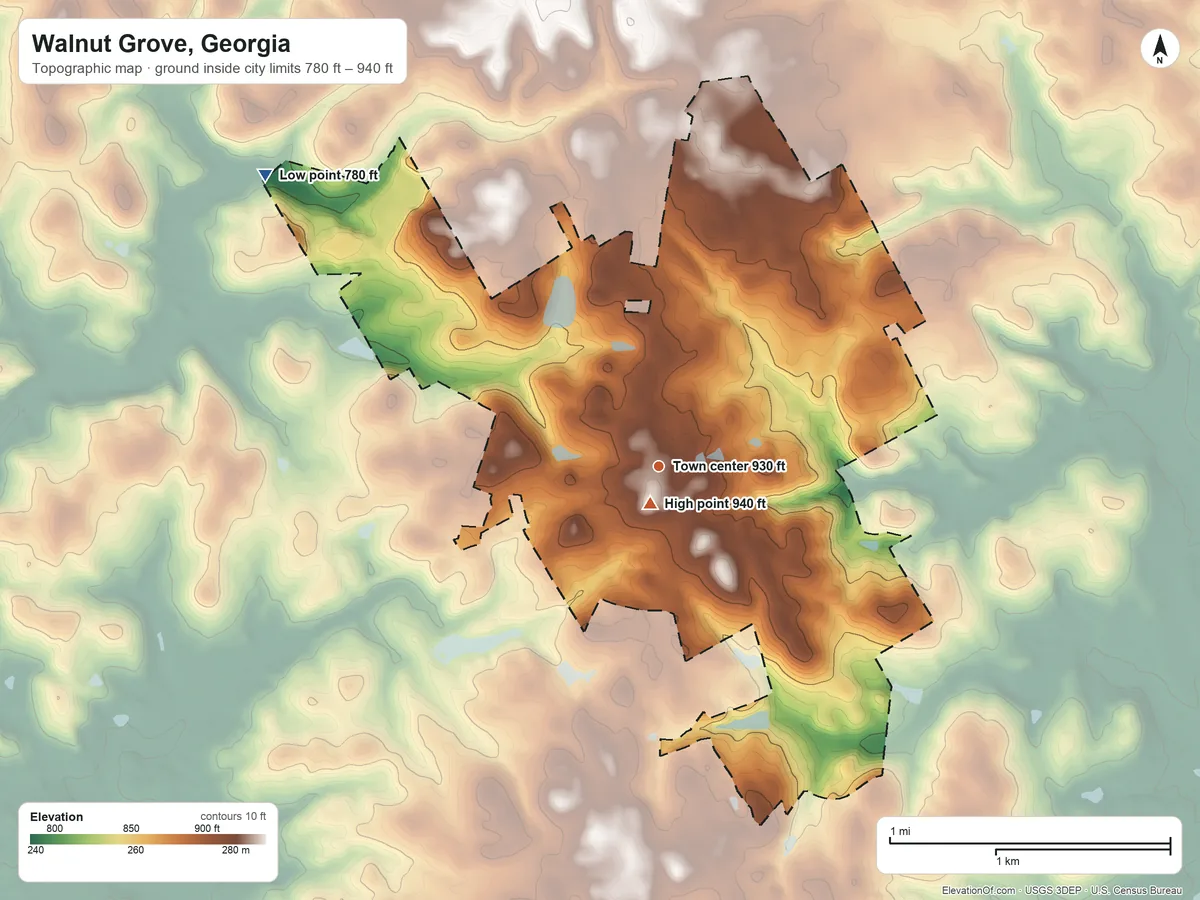 Topographic elevation map of Walnut Grove, Georgia, shaded from 780 ft on the northwest side to 940 ft near the middle