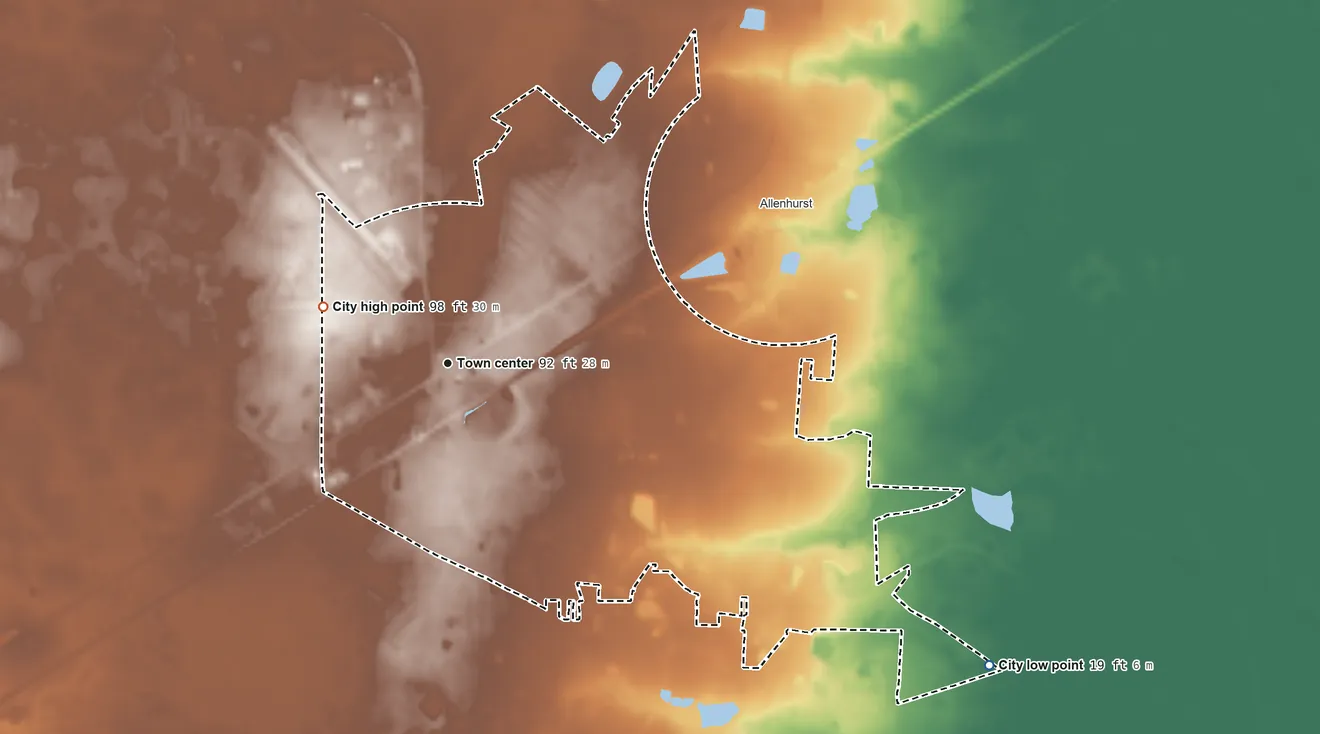 Topographic elevation map of Walthourville, Georgia, shaded from 19 ft on the southeast side to 98 ft on the northwest side