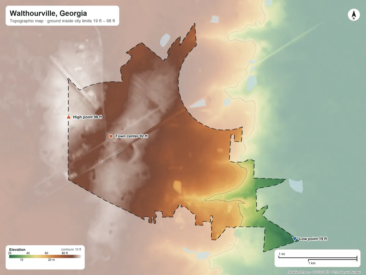Topographic elevation map of Walthourville, Georgia, shaded from 19 ft on the southeast side to 98 ft on the northwest side