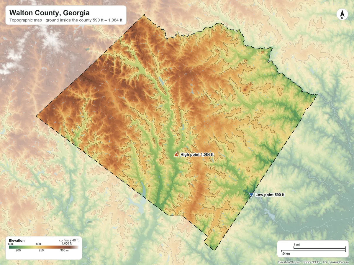 Topographic elevation map of Walton County, Georgia, shaded from 590 ft on the southeast side to 1,084 ft on Alcovy Mountain