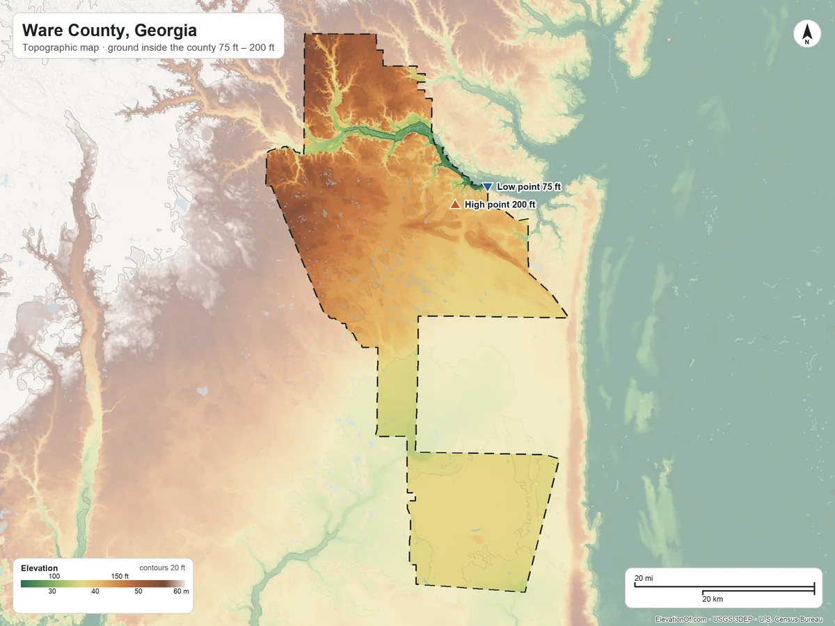 Topographic elevation map of Ware County, Georgia, shaded from 75 ft on the northeast side to 200 ft on the north side