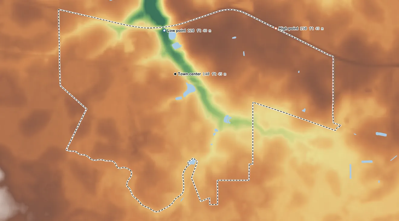 Topographic elevation map of Waresboro, Georgia, shaded from 120 ft on the north side to 150 ft on the northeast side
