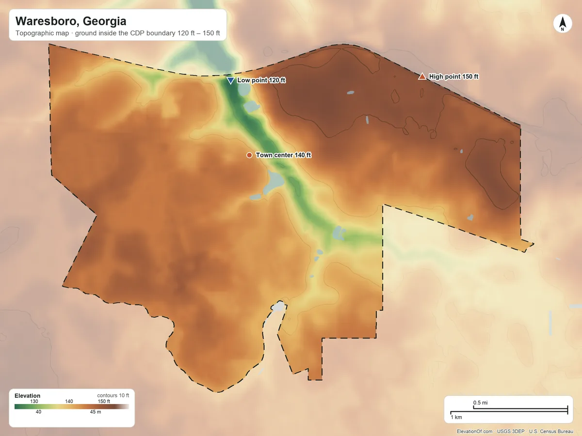 Topographic elevation map of Waresboro, Georgia, shaded from 120 ft on the north side to 150 ft on the northeast side