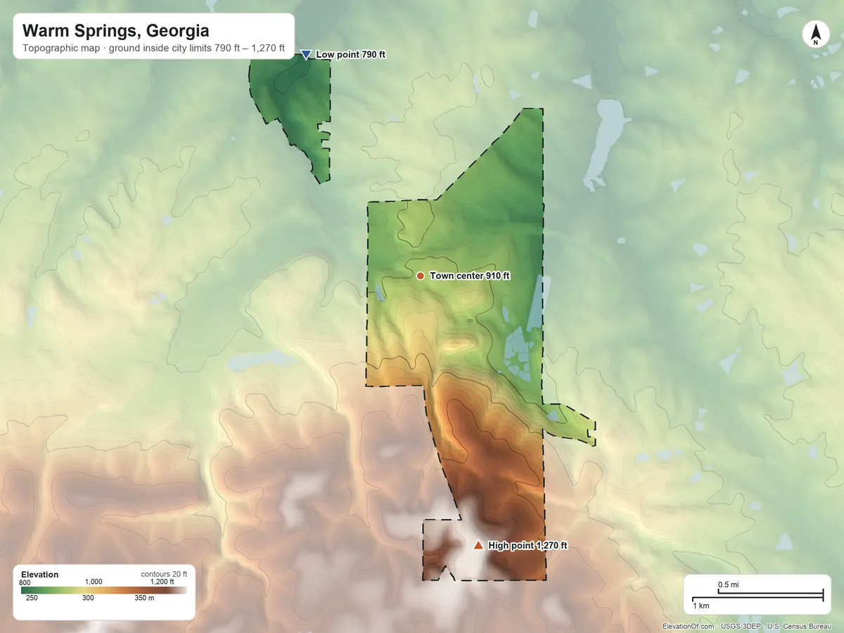 Topographic elevation map of Warm Springs, Georgia, shaded from 790 ft on the northwest side to 1,270 ft on the south side