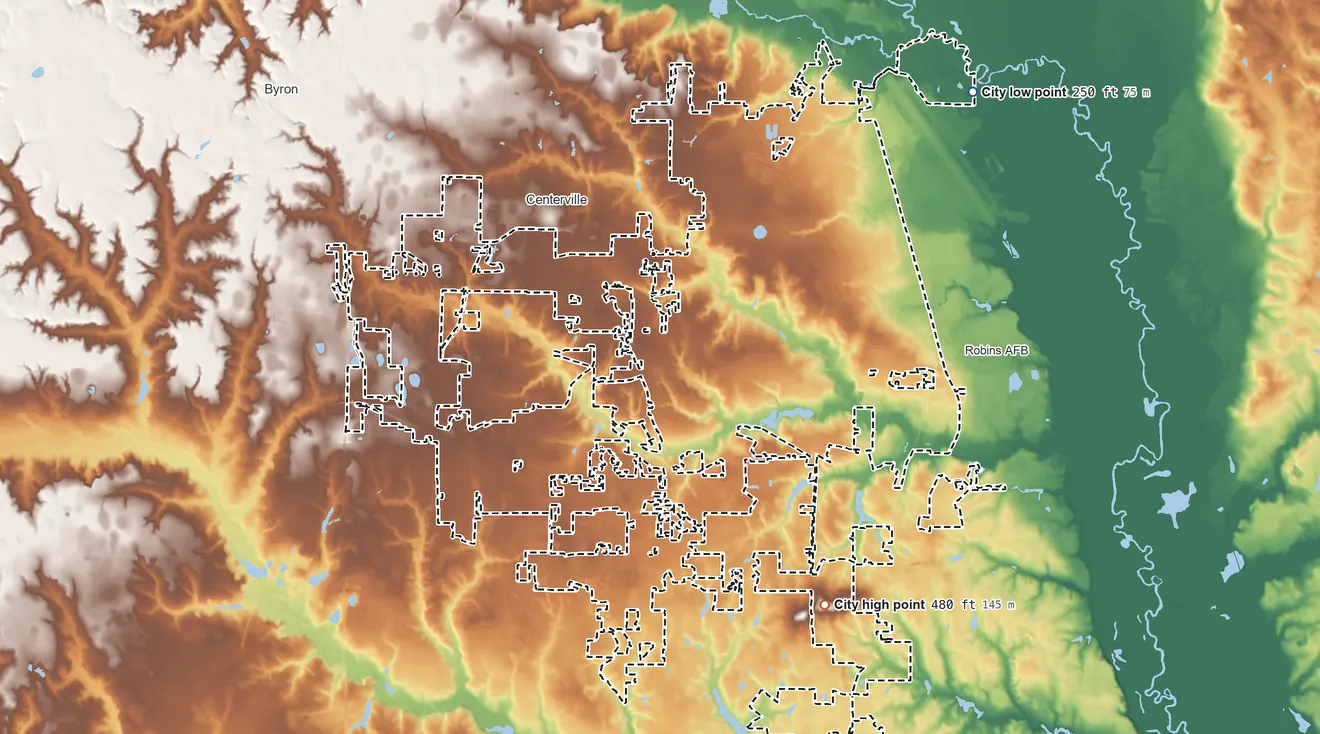 Topographic elevation map of Warner Robins, Georgia, shaded from 250 ft on the northeast side to 480 ft on the southeast side