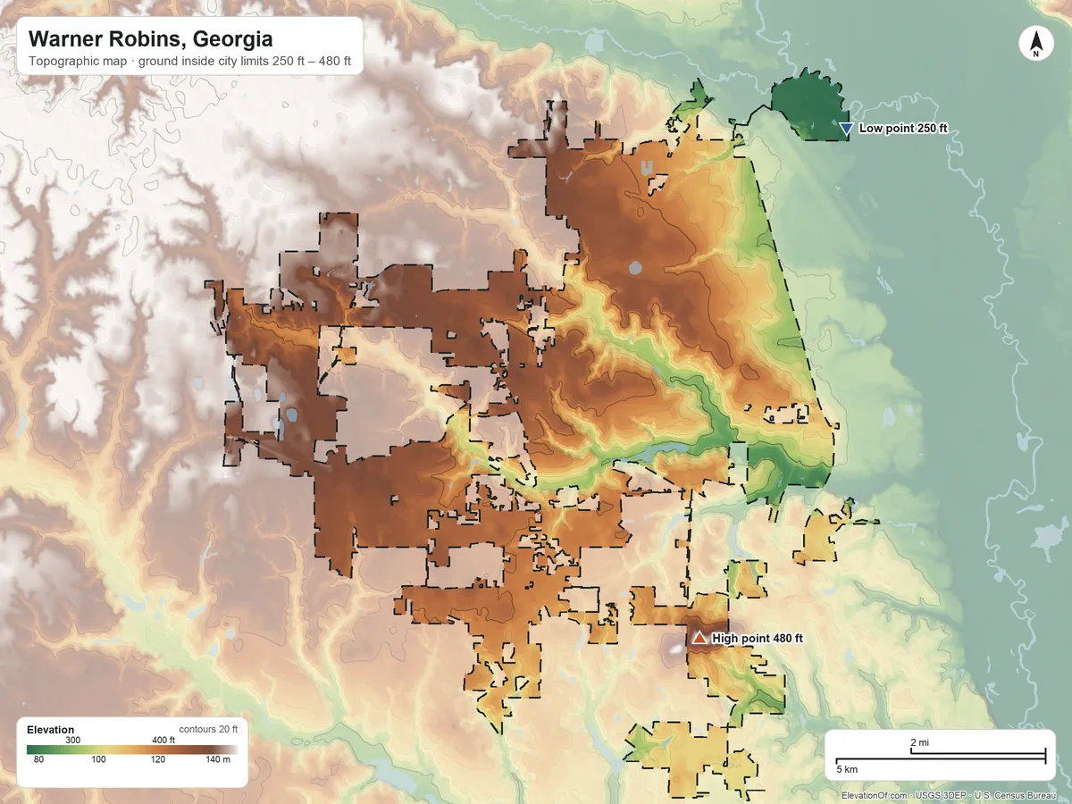 Topographic elevation map of Warner Robins, Georgia, shaded from 250 ft on the northeast side to 480 ft on the southeast side