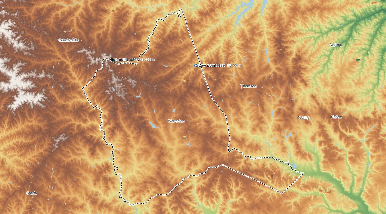 Topographic elevation map of Warren County, Georgia, shaded from 180 ft on the north side to 680 ft on the northwest side