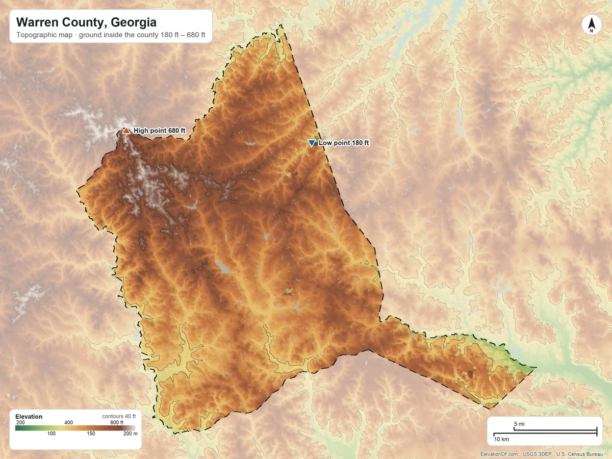 Topographic elevation map of Warren County, Georgia, shaded from 180 ft on the north side to 680 ft on the northwest side