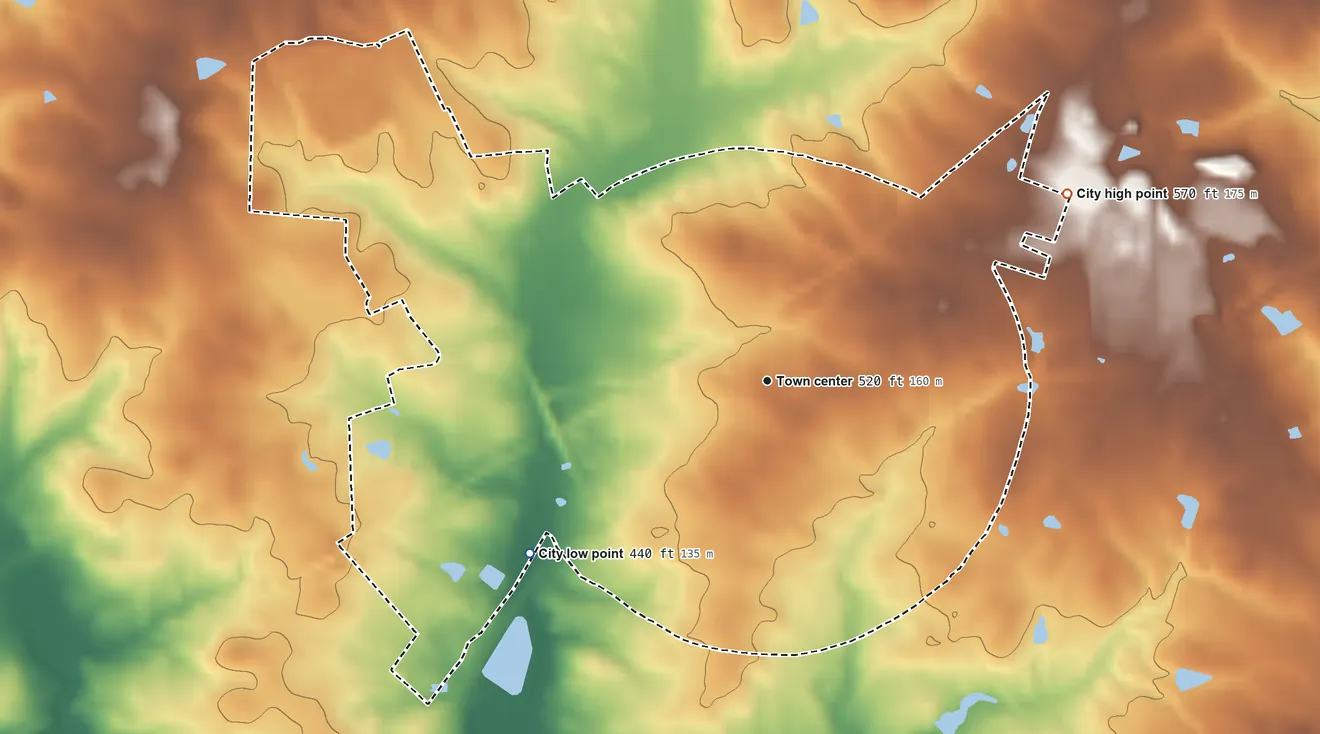 Topographic elevation map of Warrenton, Georgia, shaded from 440 ft on the southwest side to 570 ft on the northeast side
