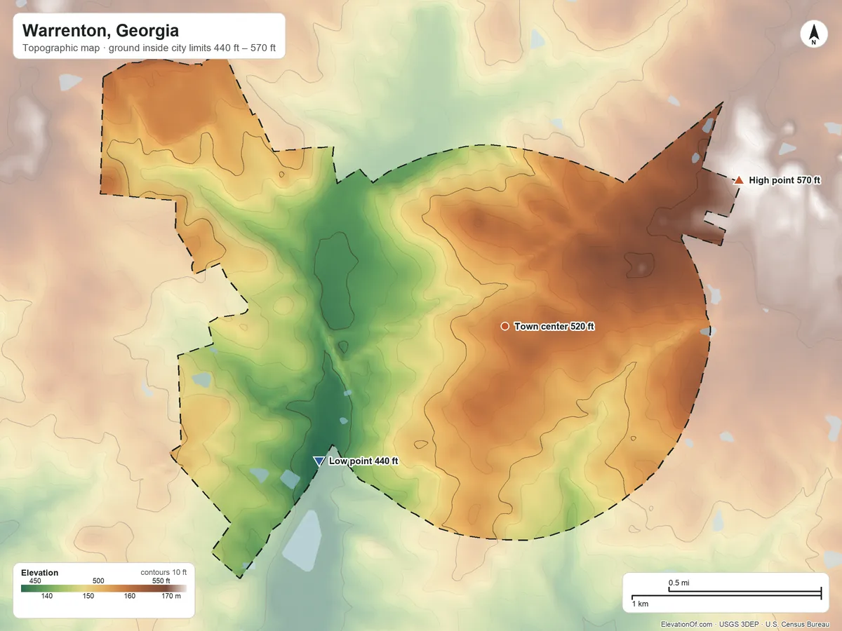 Topographic elevation map of Warrenton, Georgia, shaded from 440 ft on the southwest side to 570 ft on the northeast side