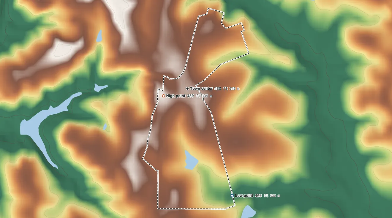 Topographic elevation map of Warthen, Georgia, shaded from 420 ft on the southeast side to 480 ft on the west side