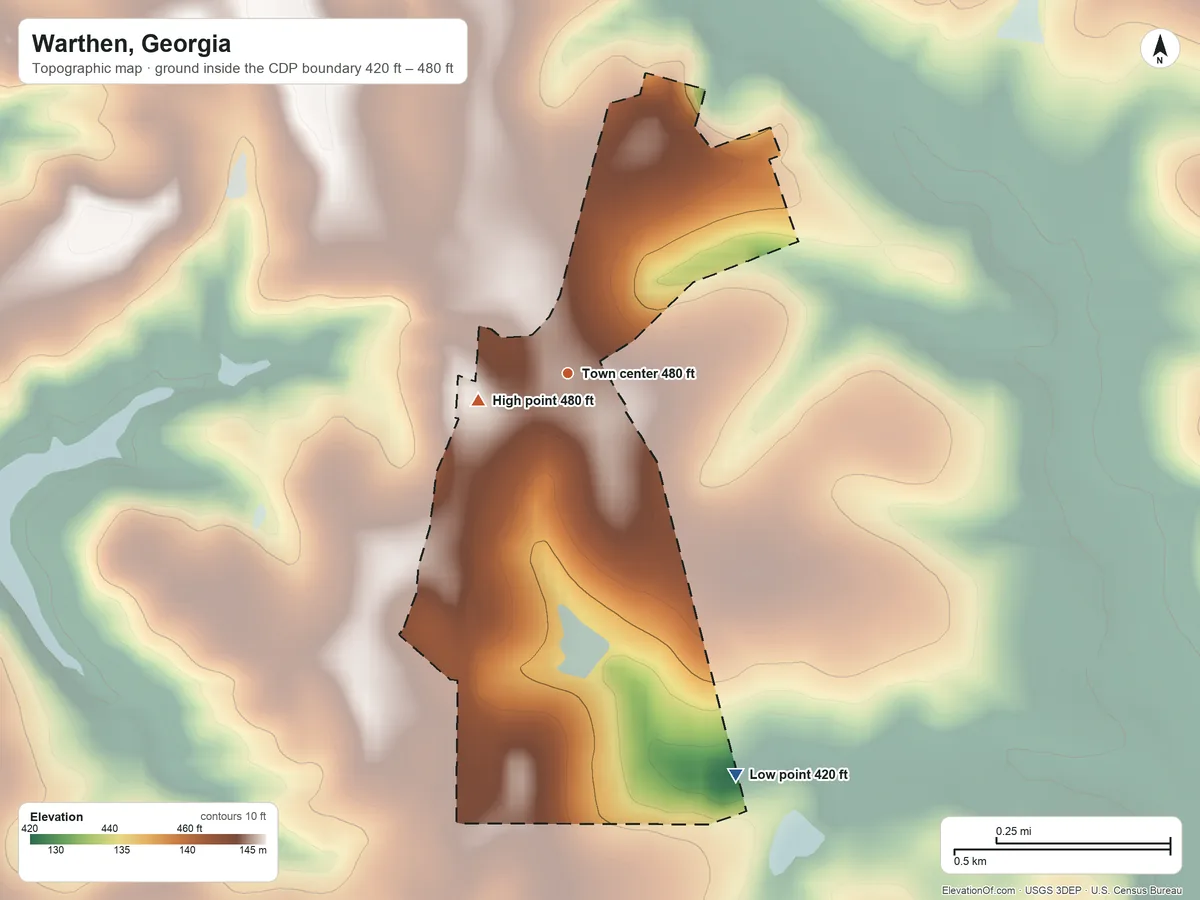 Topographic elevation map of Warthen, Georgia, shaded from 420 ft on the southeast side to 480 ft on the west side