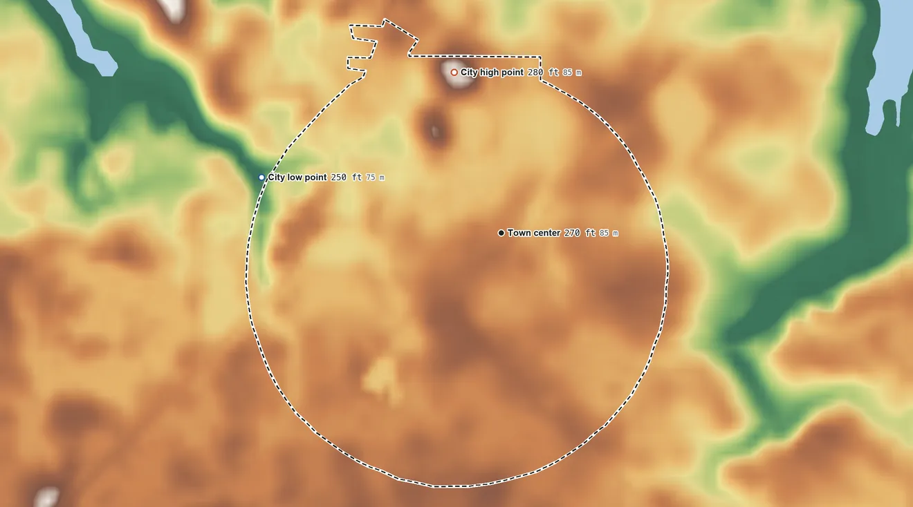 Topographic elevation map of Warwick, Georgia, shaded from 250 ft on the west side to 280 ft on the north side