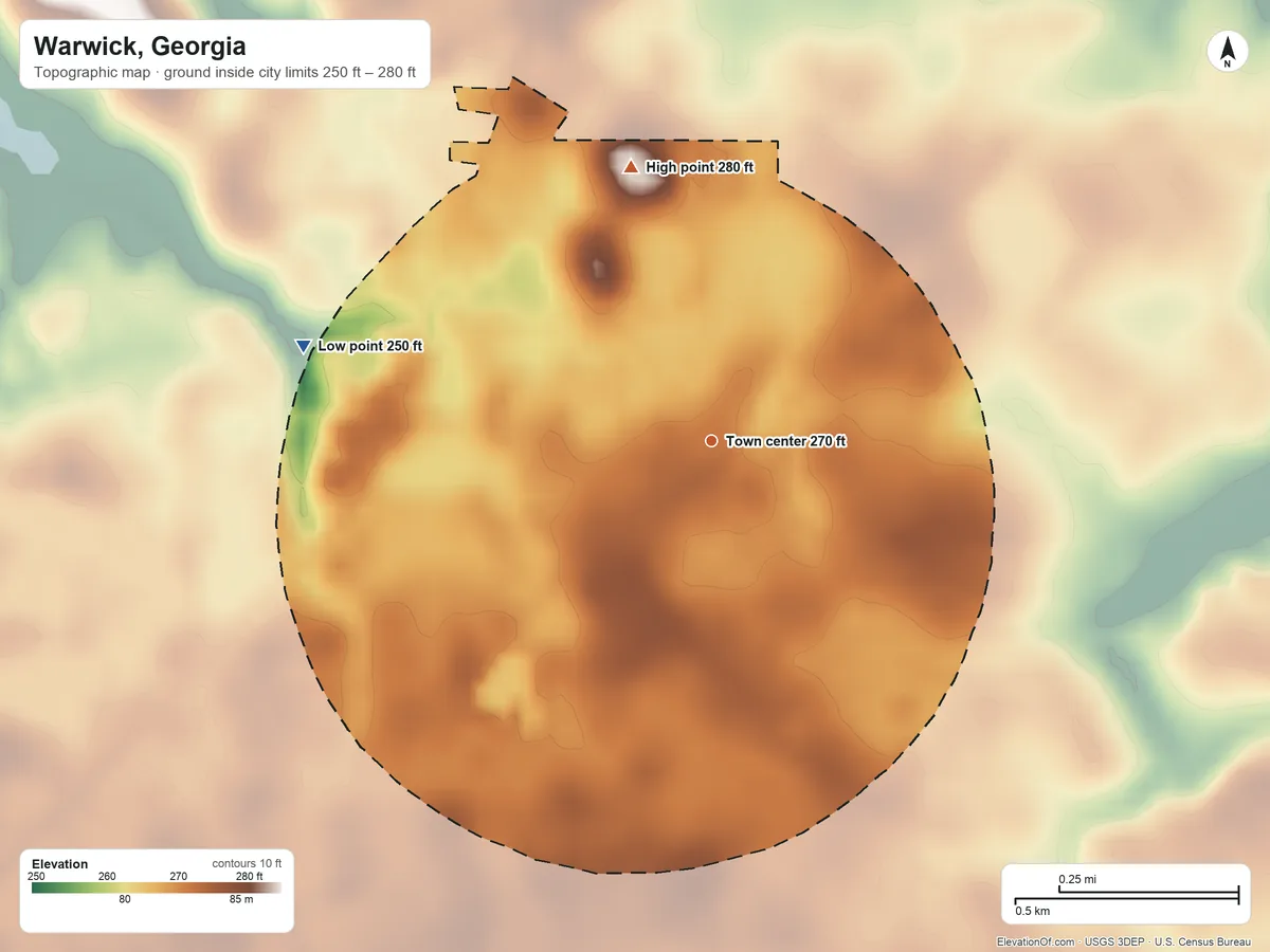 Topographic elevation map of Warwick, Georgia, shaded from 250 ft on the west side to 280 ft on the north side
