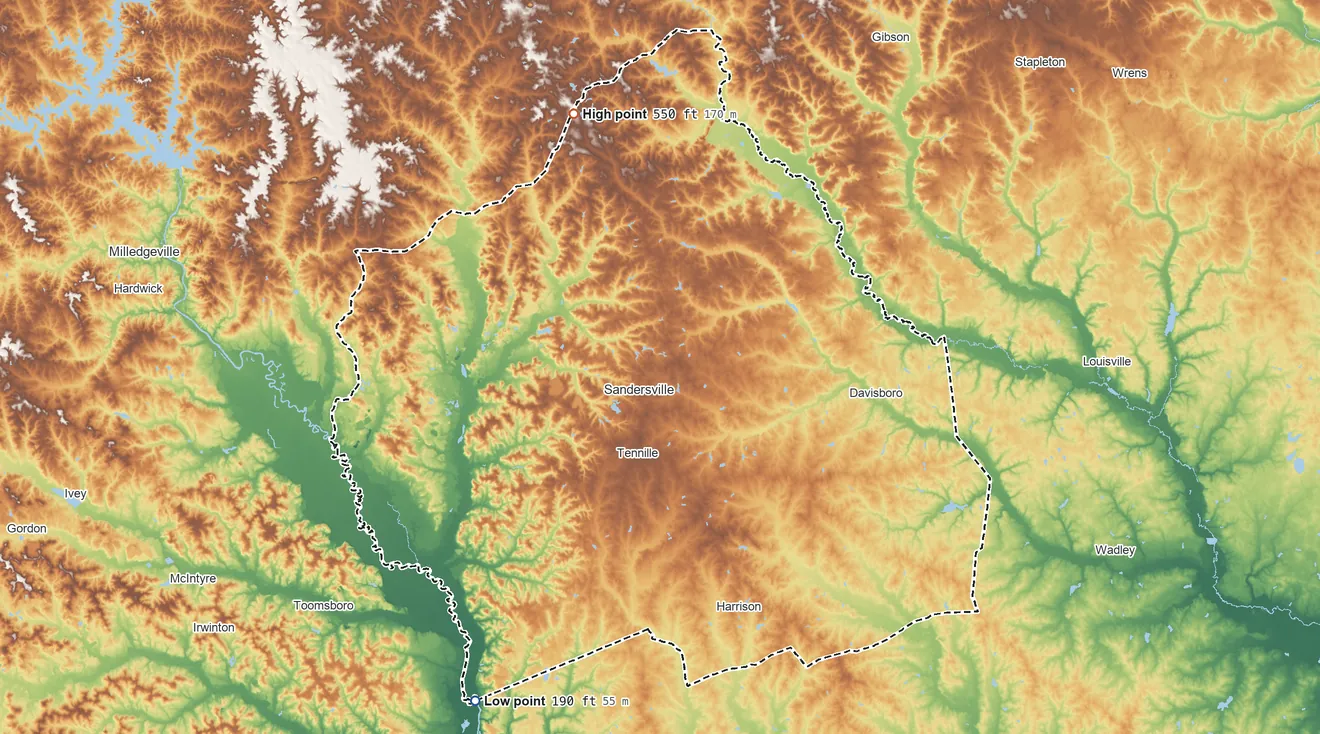 Topographic elevation map of Washington County, Georgia, shaded from 190 ft on the southwest side to 550 ft on the north side