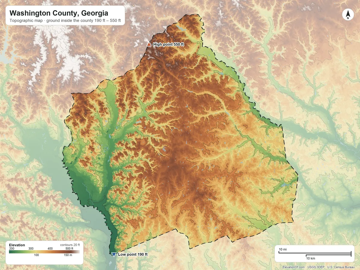 Topographic elevation map of Washington County, Georgia, shaded from 190 ft on the southwest side to 550 ft on the north side