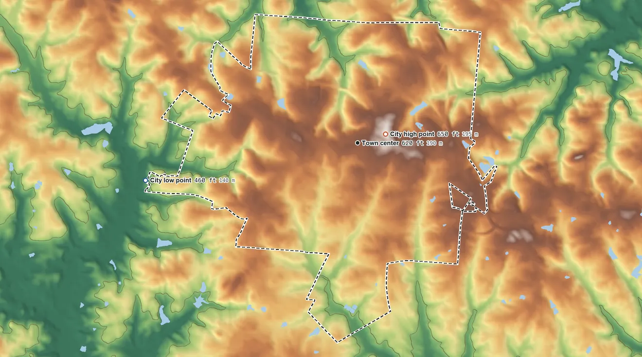 Topographic elevation map of Washington, Georgia, shaded from 460 ft on the west side to 650 ft near the middle
