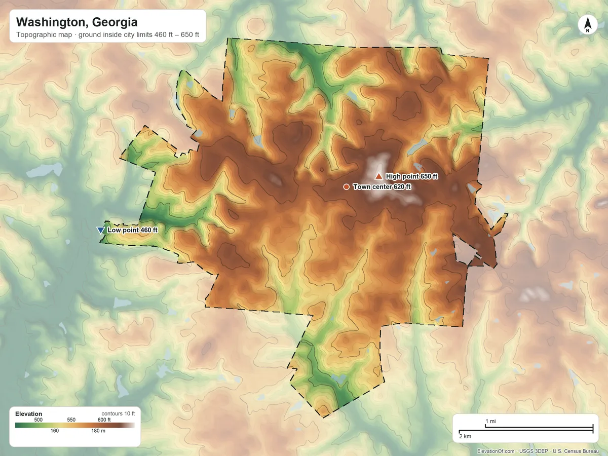 Topographic elevation map of Washington, Georgia, shaded from 460 ft on the west side to 650 ft near the middle