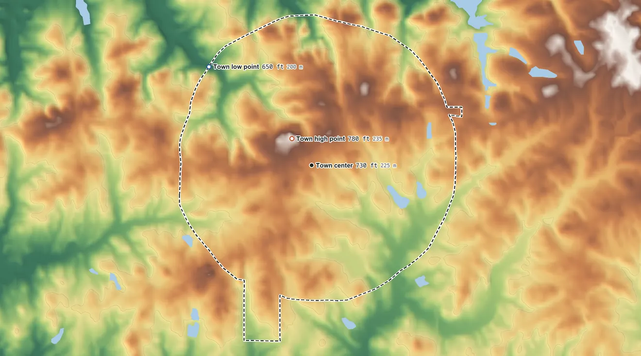 Topographic elevation map of Waverly Hall, Georgia, shaded from 650 ft on the northwest side to 780 ft near the middle