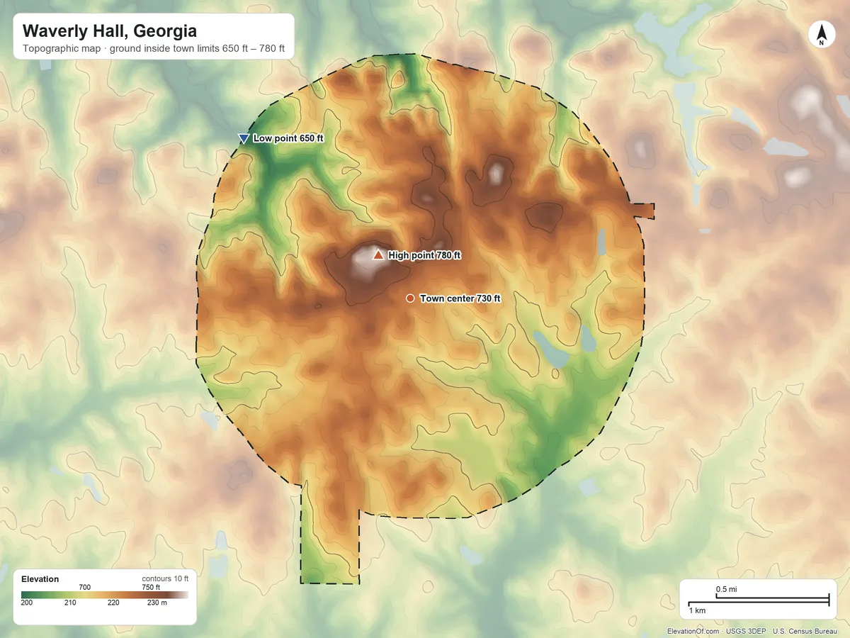 Topographic elevation map of Waverly Hall, Georgia, shaded from 650 ft on the northwest side to 780 ft near the middle