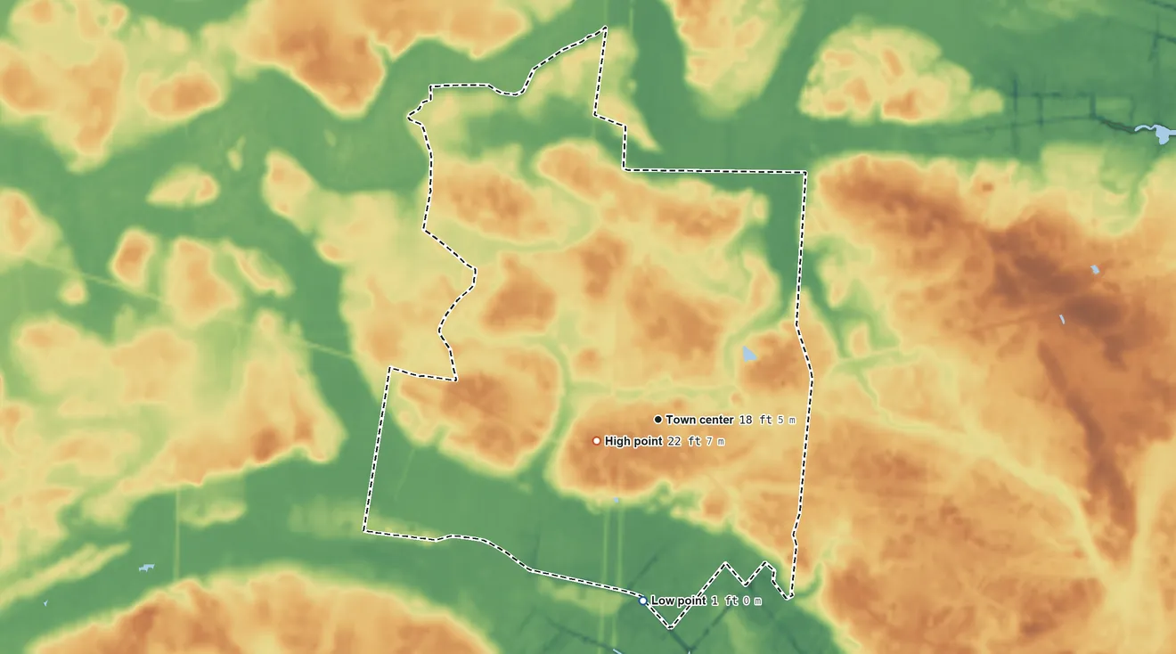 Topographic elevation map of Waverly, Georgia, shaded from 1 ft on the south side to 22 ft near the middle