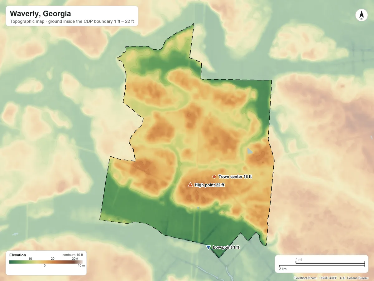 Topographic elevation map of Waverly, Georgia, shaded from 1 ft on the south side to 22 ft near the middle