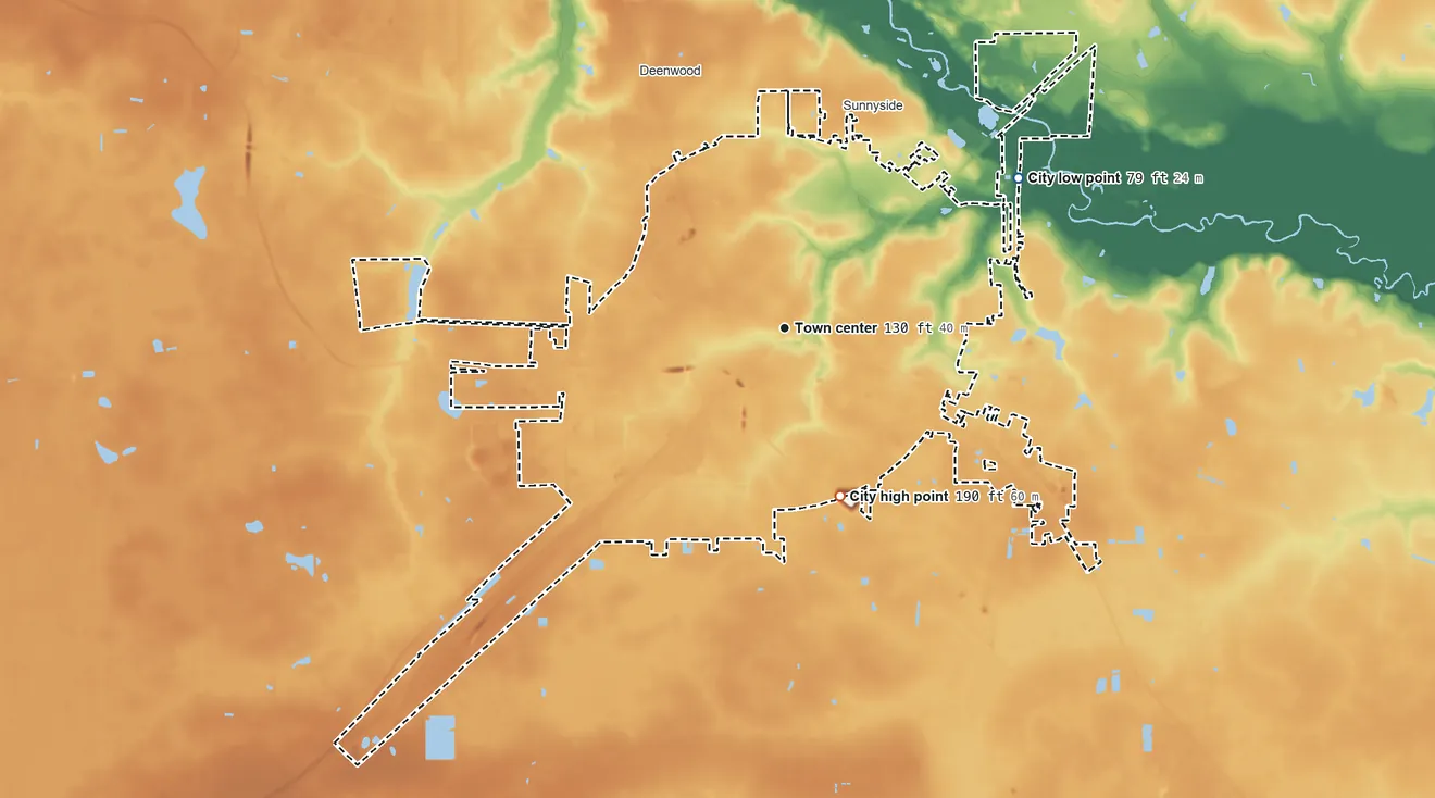 Topographic elevation map of Waycross, Georgia, shaded from 79 ft on the northeast side to 190 ft on the south side