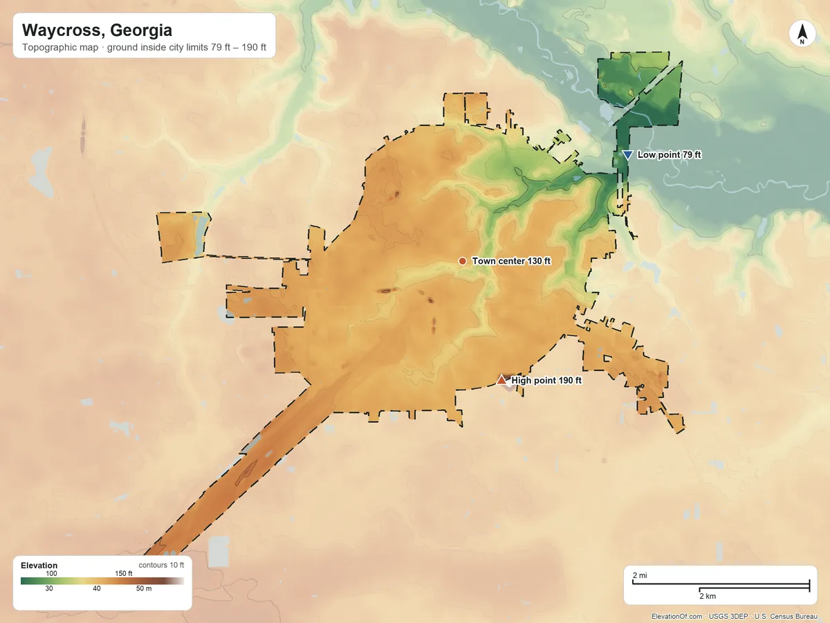 Topographic elevation map of Waycross, Georgia, shaded from 79 ft on the northeast side to 190 ft on the south side