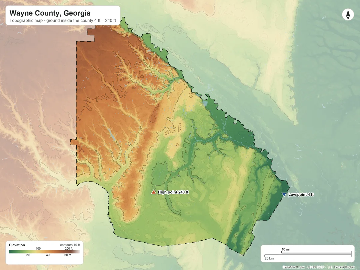 Topographic elevation map of Wayne County, Georgia, shaded from 4 ft on the southeast side to 240 ft on the southwest side