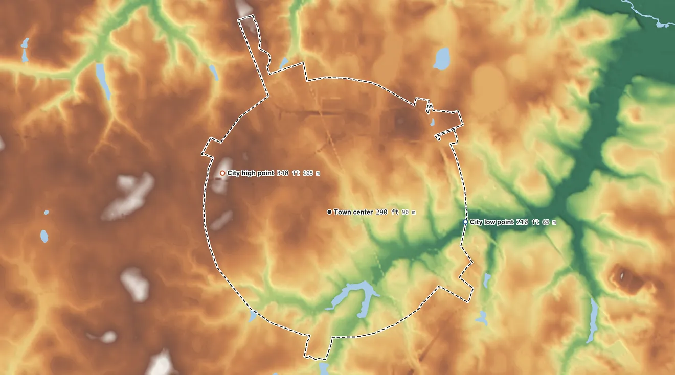 Topographic elevation map of Waynesboro, Georgia, shaded from 210 ft on the east side to 340 ft on the west side