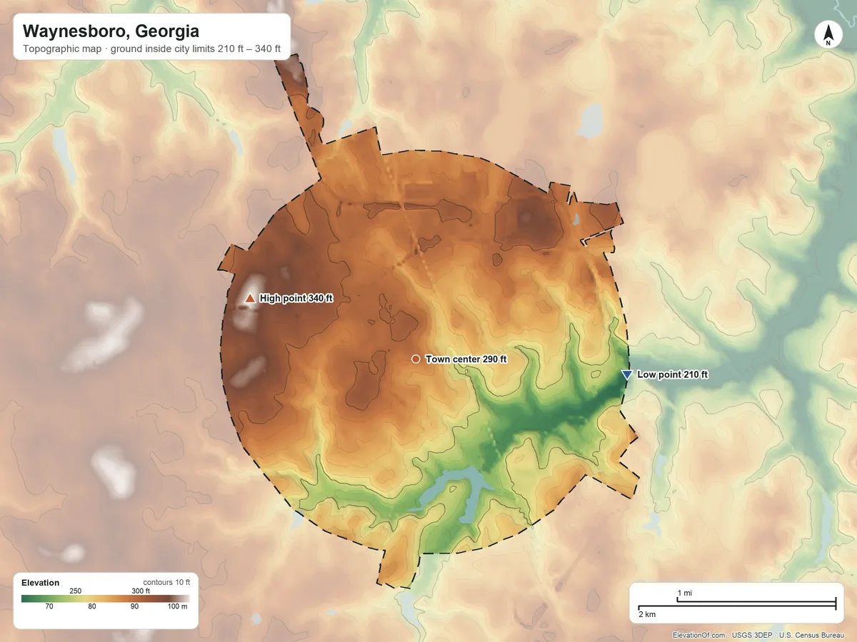 Topographic elevation map of Waynesboro, Georgia, shaded from 210 ft on the east side to 340 ft on the west side
