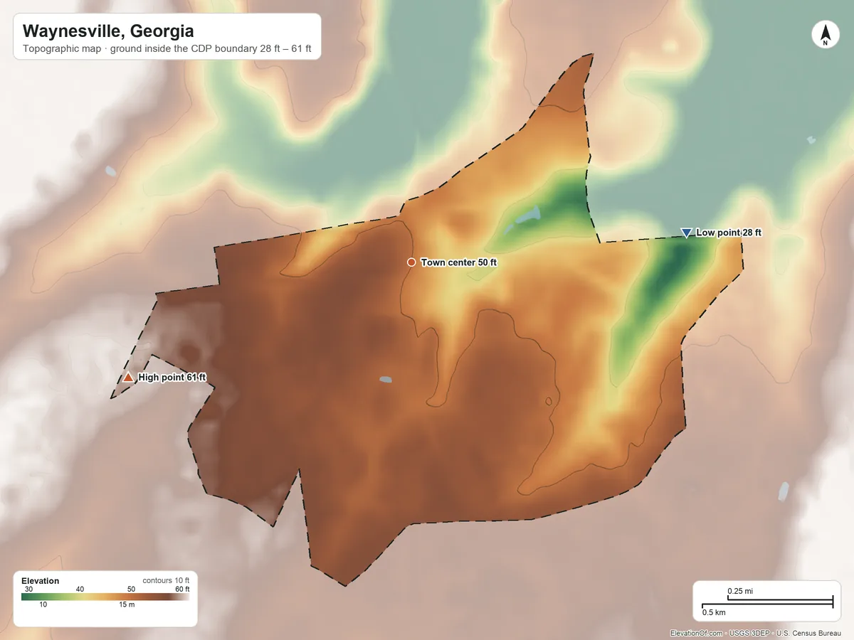Topographic elevation map of Waynesville, Georgia, shaded from 28 ft on the east side to 61 ft on the west side