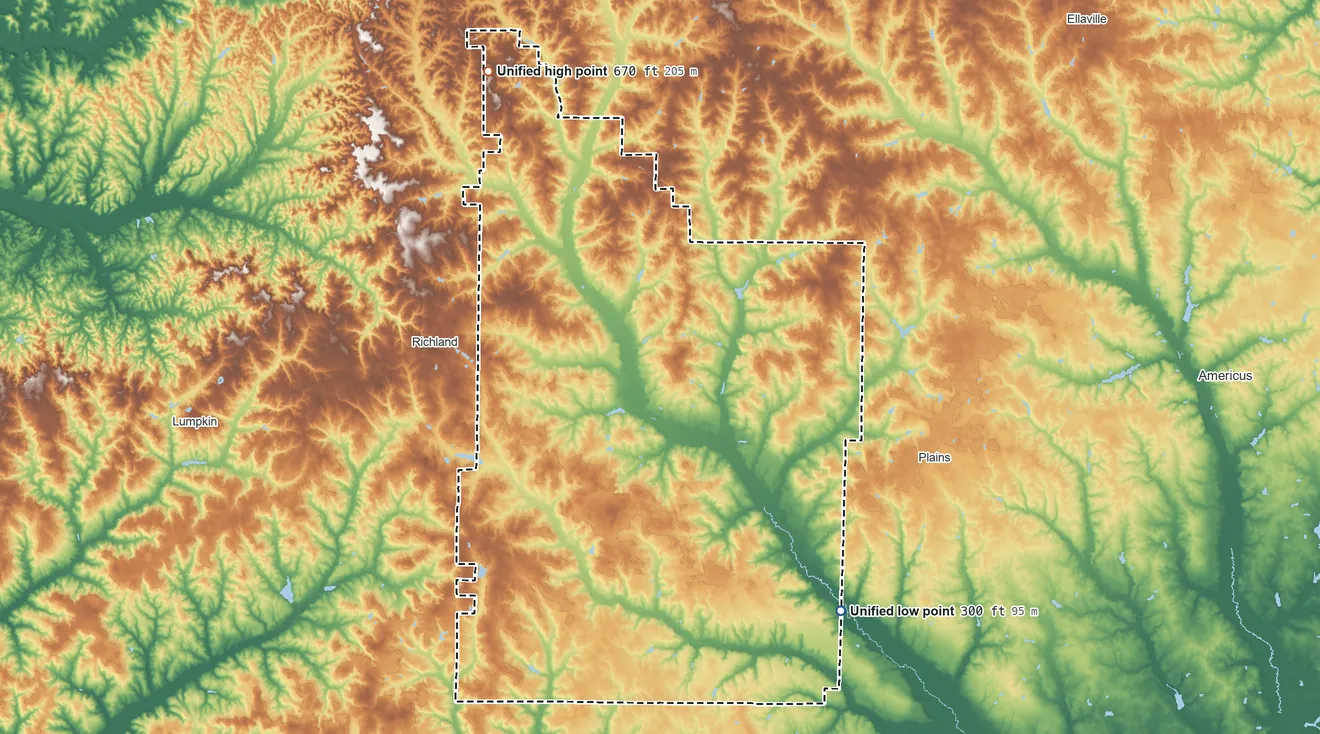Topographic elevation map of Webster County, Georgia, shaded from 300 ft on the southeast side to 670 ft on the north side