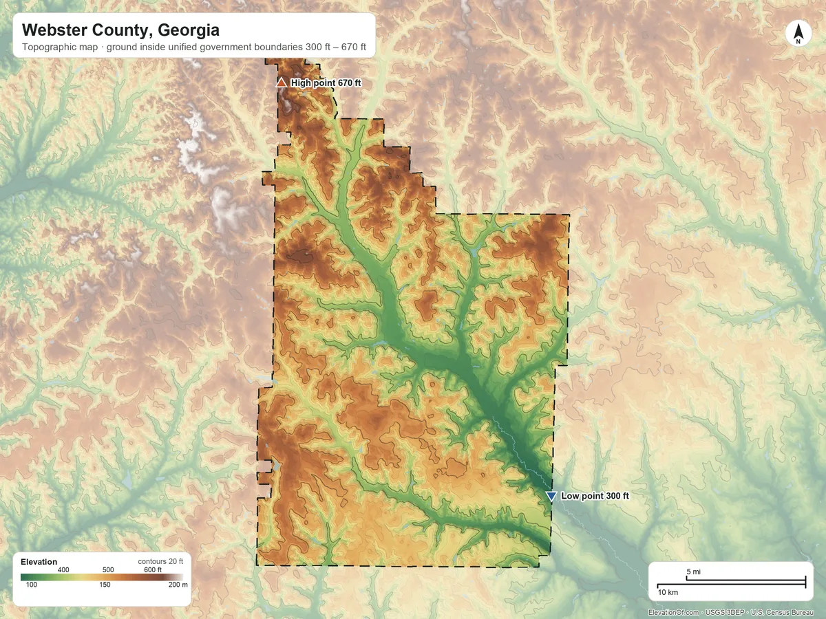Topographic elevation map of Webster County, Georgia, shaded from 300 ft on the southeast side to 670 ft on the north side
