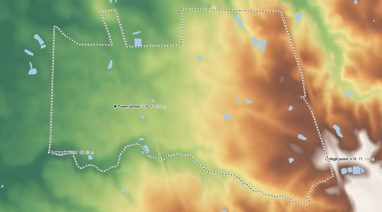 Topographic elevation map of Wenona, Georgia, shaded from 310 ft on the southwest side to 430 ft on the east side