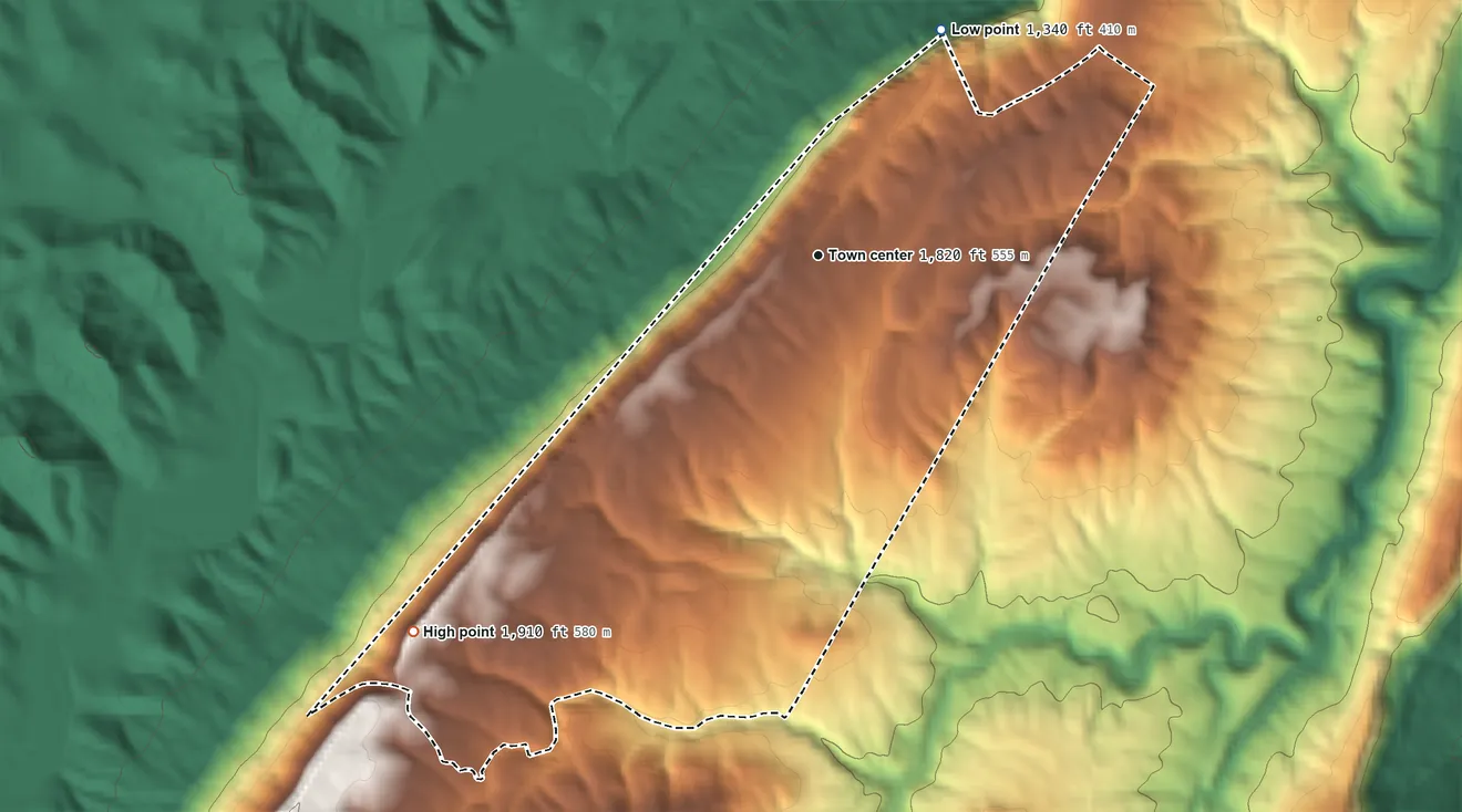 Topographic elevation map of West Brow, Georgia, shaded from 1,340 ft on the northeast side to 1,910 ft on the southwest side