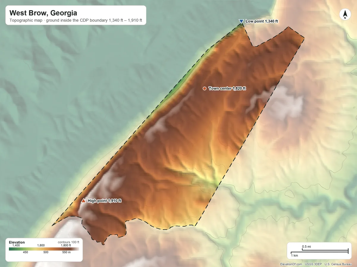 Topographic elevation map of West Brow, Georgia, shaded from 1,340 ft on the northeast side to 1,910 ft on the southwest side