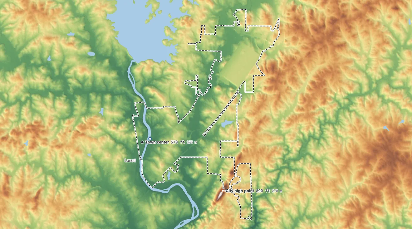 Topographic elevation map of West Point, Georgia, shaded from 550 ft near the middle to 890 ft on the southeast edge, below higher ground just outside
