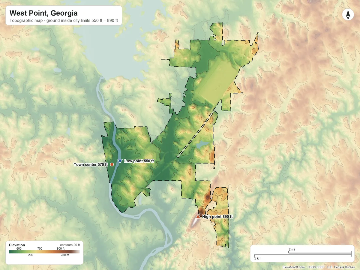 Topographic elevation map of West Point, Georgia, shaded from 550 ft near the middle to 890 ft on the southeast edge, below higher ground just outside