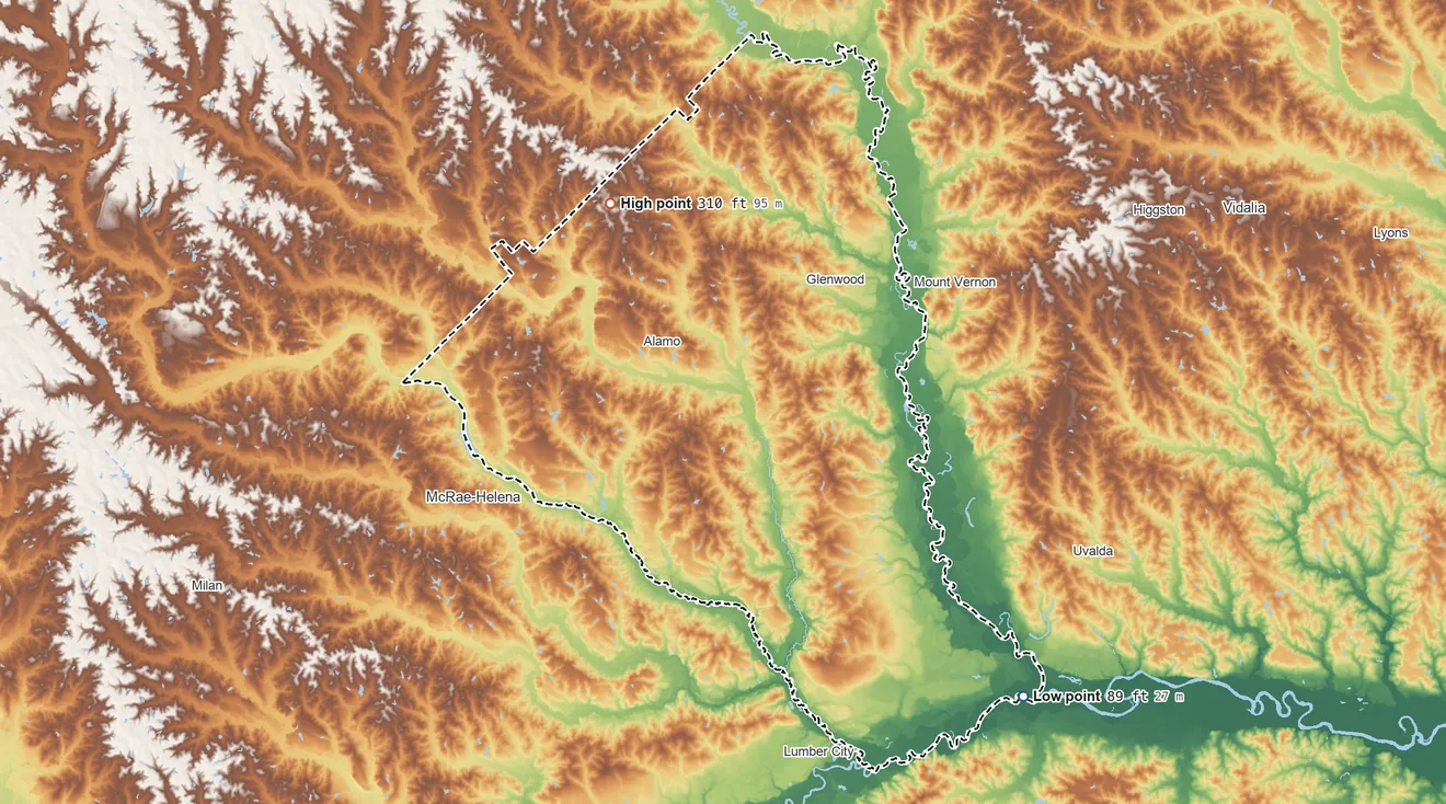 Topographic elevation map of Wheeler County, Georgia, shaded from 89 ft on the southeast side to 310 ft on the northwest side
