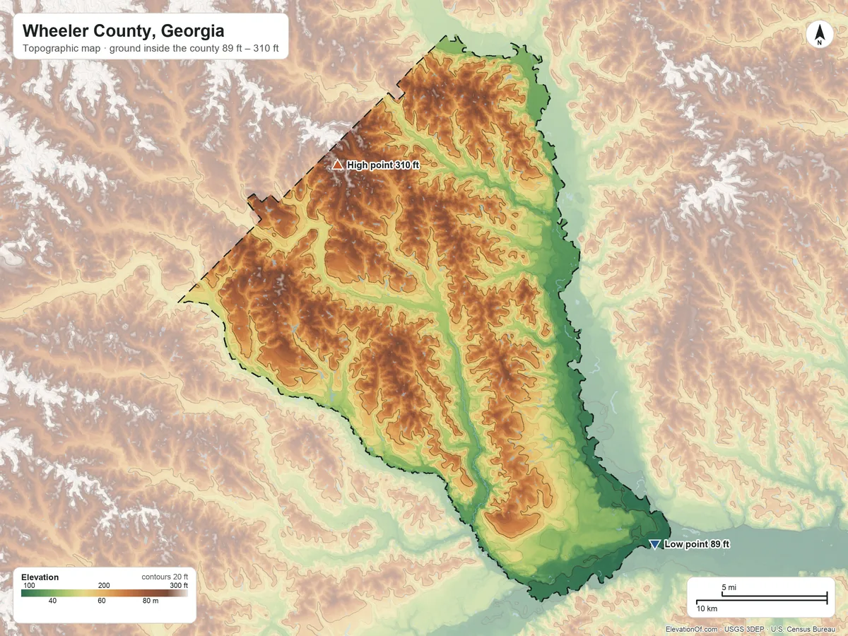 Topographic elevation map of Wheeler County, Georgia, shaded from 89 ft on the southeast side to 310 ft on the northwest side