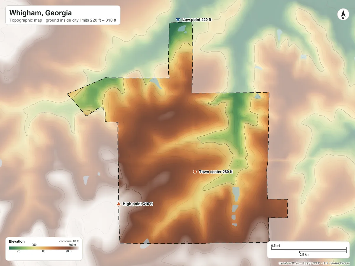 Topographic elevation map of Whigham, Georgia, shaded from 220 ft on the north side to 310 ft on the southwest side