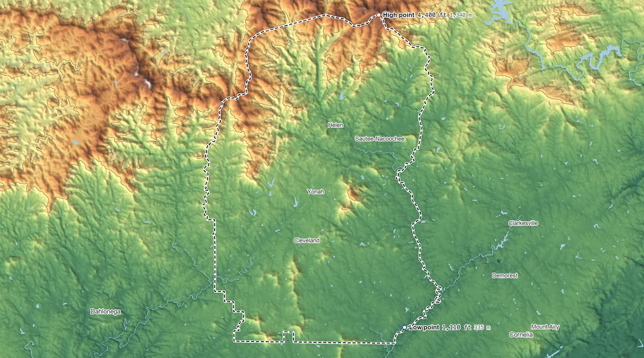 Topographic elevation map of White County, Georgia, shaded from 1,110 ft on the southeast side to 4,400 ft on Tray Mountain