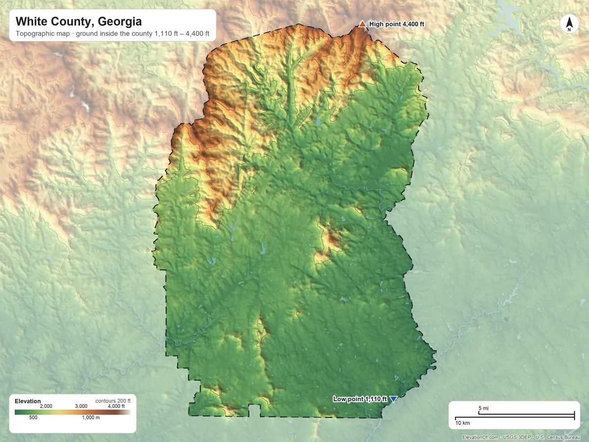 Topographic elevation map of White County, Georgia, shaded from 1,110 ft on the southeast side to 4,400 ft on Tray Mountain
