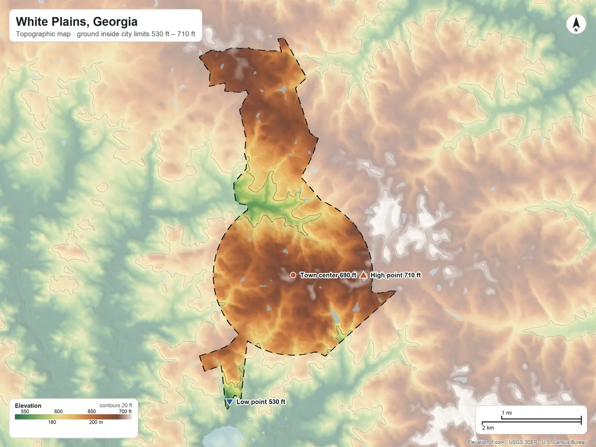 Topographic elevation map of White Plains, Georgia, shaded from 530 ft on the southwest side to 710 ft on the east side